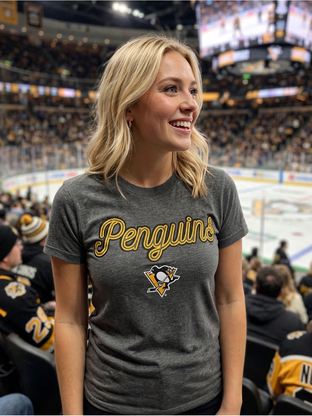 NWT NHL Pittsburgh Penguins Women's Gray and Gold Script Logo Tee Sz S